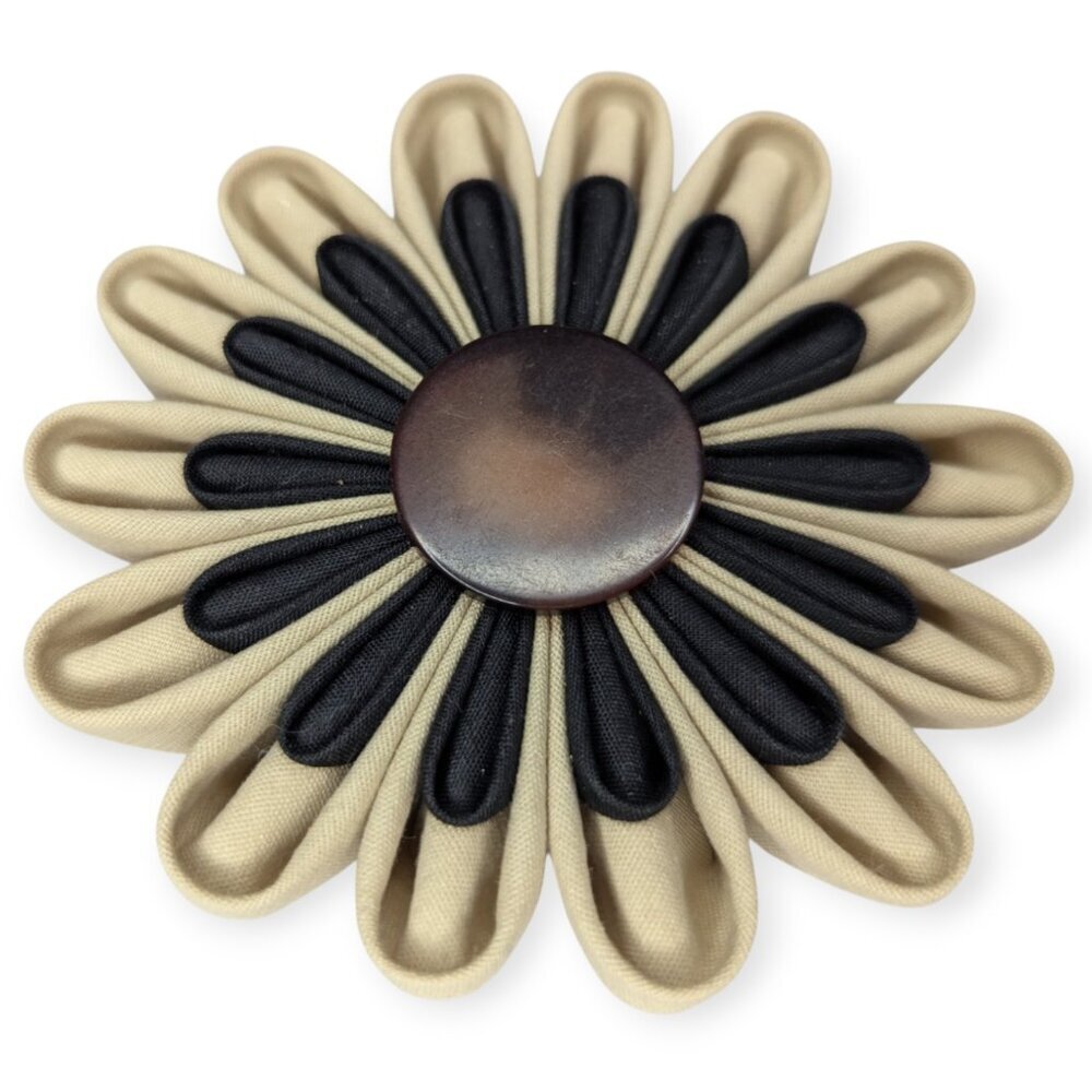 Scarlett & Maria Art Blossoms in Fabric Tan & Black Pin/Brooch 3" Handmade NWT